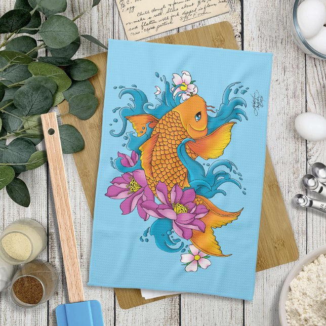 Koi Fish Lotus Cherry Blossoms Tea Towel (Creator Uploaded)