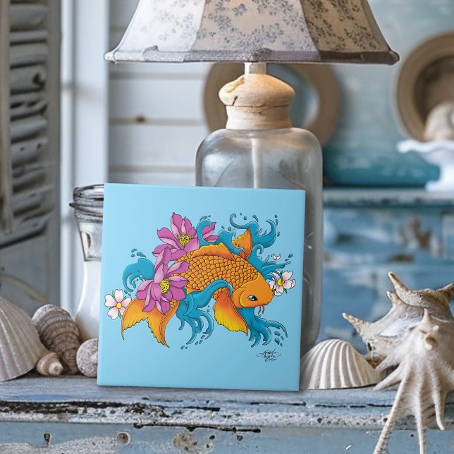 Koi Fish Lotus Chery Blossoms Ceramic Tile (Creator Uploaded)