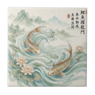 Koi Fish Lotus Ink Wash Art Ceramic Tile