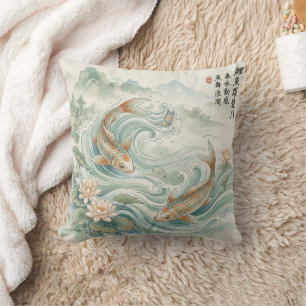 Koi Fish Lotus Ink Wash Art Cushion
