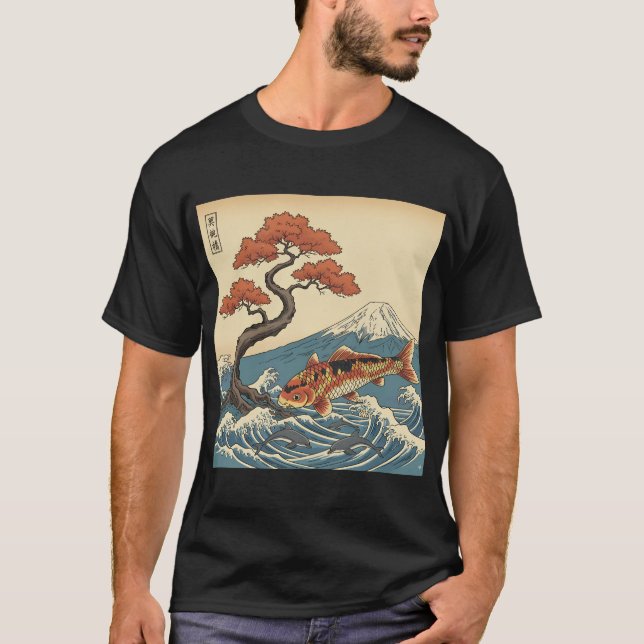 Koi Fish Ocean with Dolphins and Mountain Japanese T-Shirt (Front)
