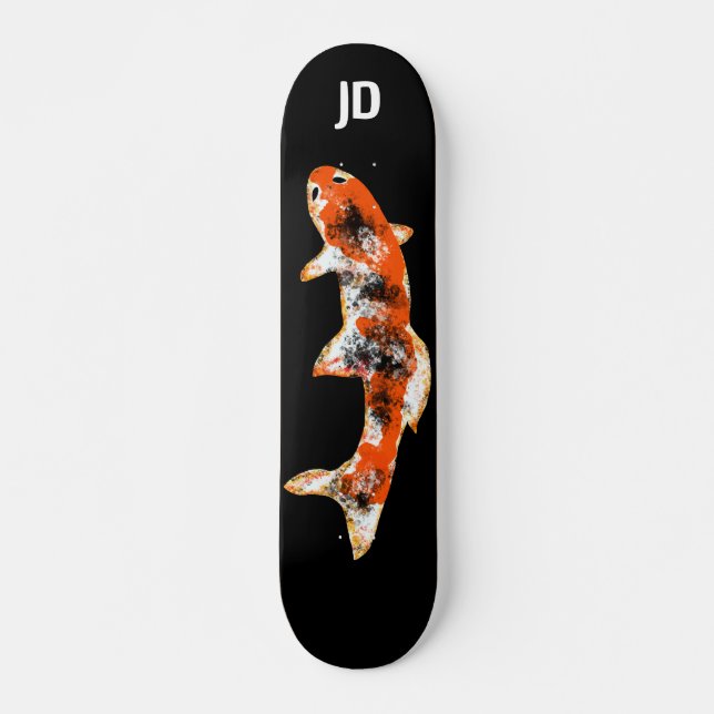 Koi Fish on Black Custom Initials Skateboard (Front)