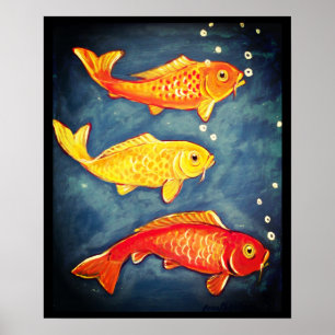 Koi Fish Orange Yellow Blue Goldfish Art Poster