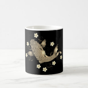 Koi fish oriental black and gold floral coffee mug