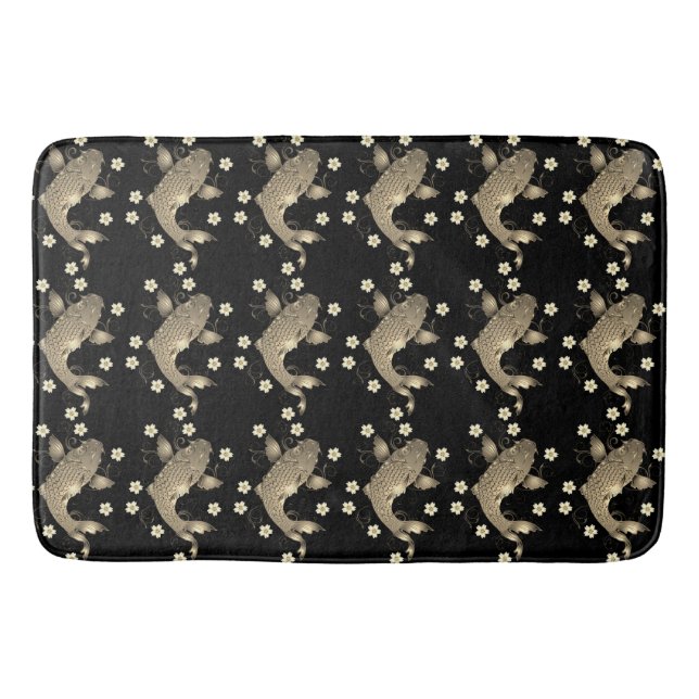 Koi fish oriental black and gold floral elegant  bath mat (Front)