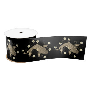Koi fish oriental black and gold floral elegant satin ribbon