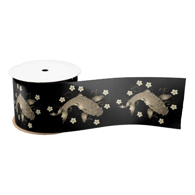 Koi fish oriental black and gold floral elegant  satin ribbon (Spool)