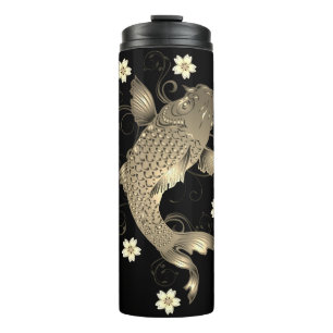 Koi fish oriental black and gold floral elegant  thermal tumbler