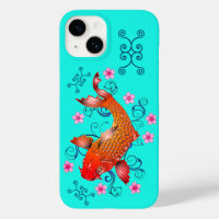Koi fish oriental floral orange turquoise 