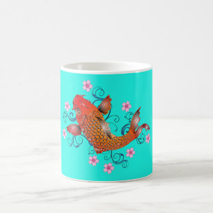 Koi fish oriental floral orange turquoise coffee mug
