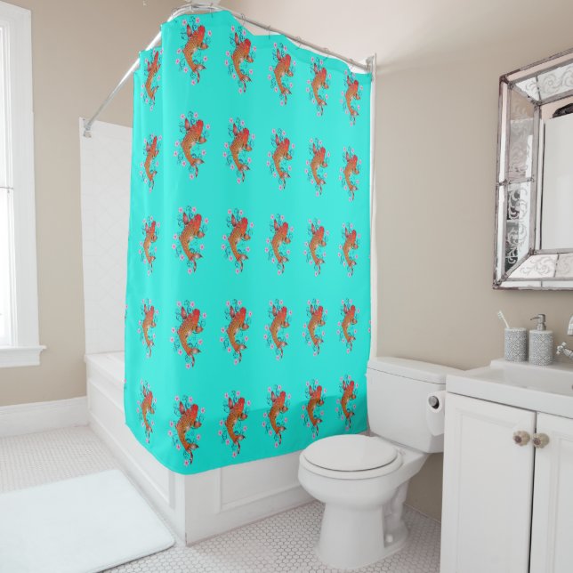Koi fish oriental floral orange turquoise elegant  shower curtain (In Situ)
