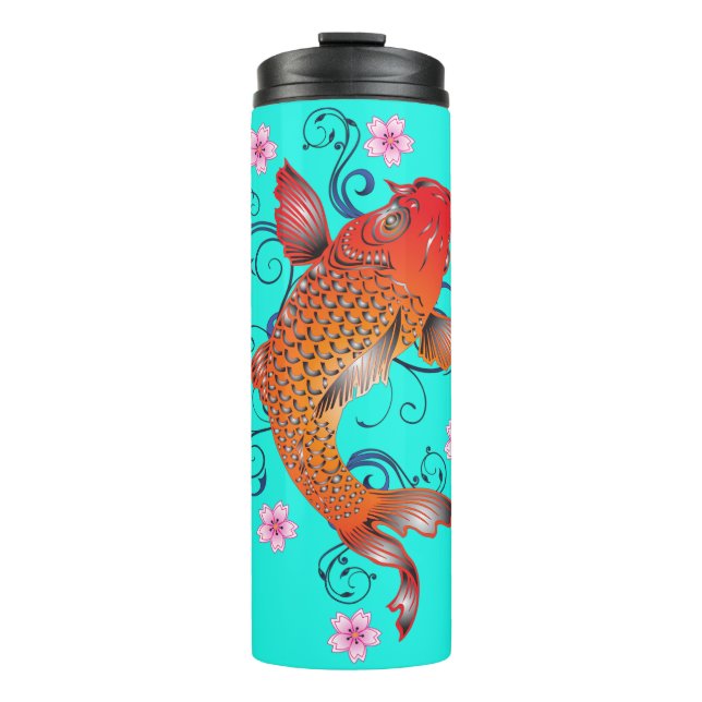 Koi fish oriental floral orange turquoise elegant  thermal tumbler (Front)