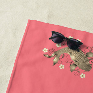 Koi fish oriental gold peach floral beach towel