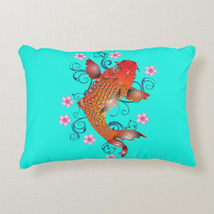 Koi fish oriental orange turquoise floral elegant  decorative cushion