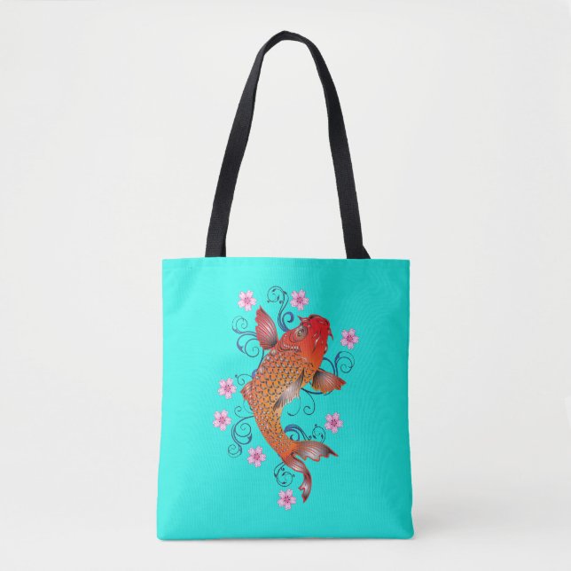 Koi fish oriental orange turquoise floral elegant  tote bag (Front)