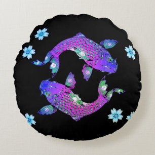 Koi fish oriental yin yang black purple floral round cushion