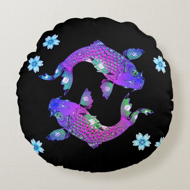 Koi fish oriental yin yang black purple floral round cushion (Front)