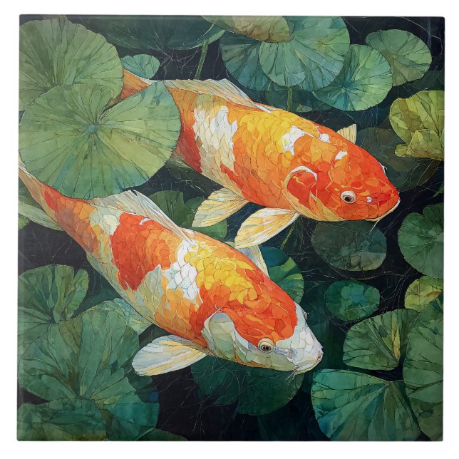 Koi Fish Pond Lily Pads Ceramic Tile (Front)