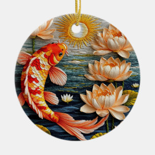Koi Fish Surrounded by Lotus Flowers Ceramic Ornament