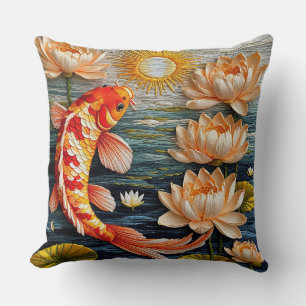 Koi Fish Surrounded by Lotus Flowers Cushion