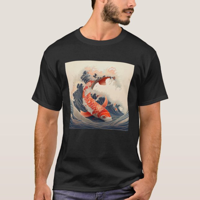 Koi Fish swimming in a Japanese style great wave T-Shirt (Front)