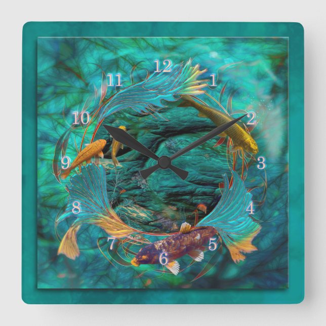Koi Fish SWIMMING IN PEACE Square Wall Clock (Front)