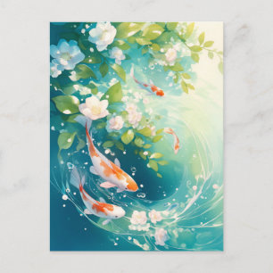 Koi Fish Swimming in Teal Floral Water Garden Postcard