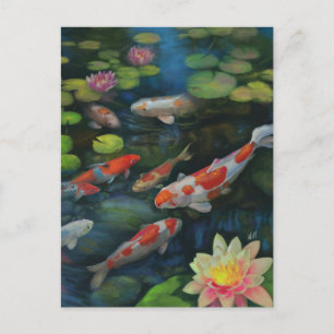 Koi Fish Swimming Lotus Flower Pond Zen Painting Postcard
