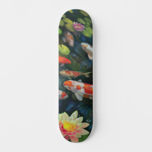 Koi Fish Swimming Lotus Flower Zen Pond Painting Skateboard