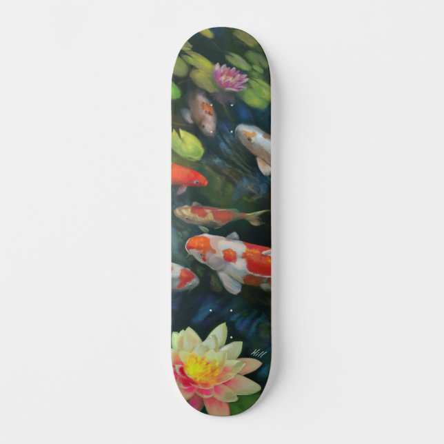 Koi Fish Swimming Lotus Flower Zen Pond Painting Skateboard (Front)