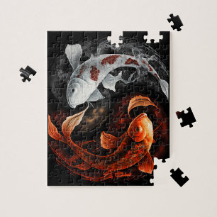 Koi Fish Taiji Circle Japanese Art Black And White Jigsaw Puzzle