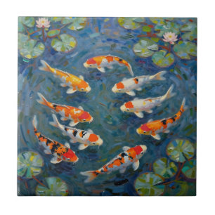 Koi Fish Water Lilies Impressionist Pond Ceramic Tile