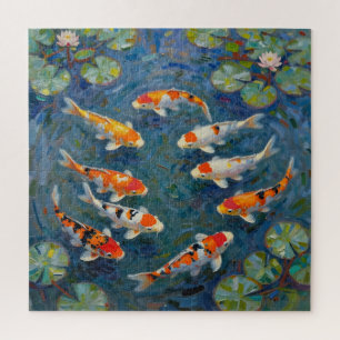 Koi Fish Water Lilies Impressionist Pond Jigsaw Puzzle