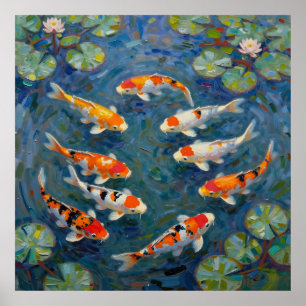 Koi Fish Water Lilies Impressionist Pond Poster
