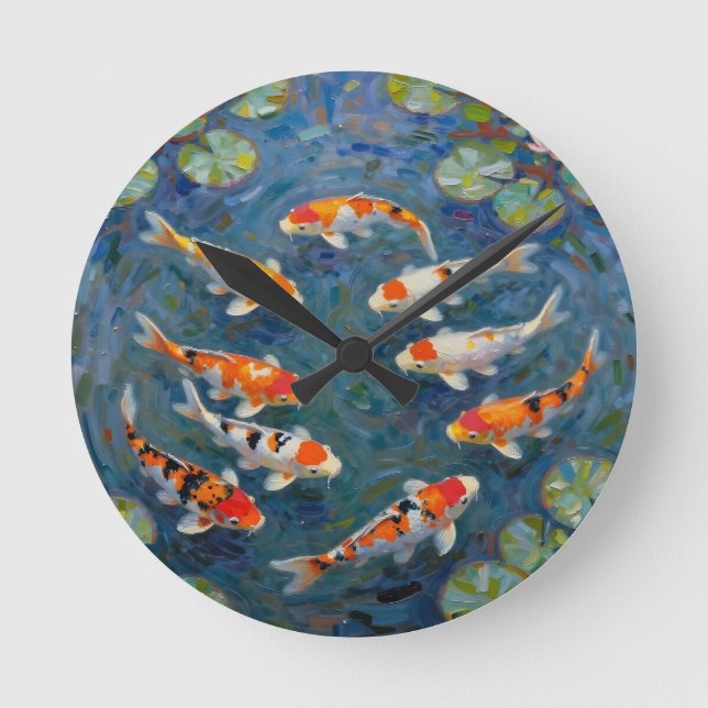 Koi Fish Water Lilies Impressionist Pond Round Clock (Front)