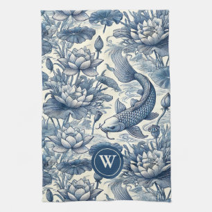 Koi Fish Water Lily Blue Chinoiserie Toile Initial Tea Towel