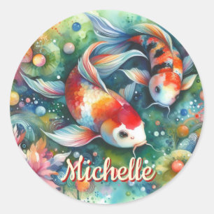 Koi Fish Whimsical Watercolor Personalised Classic Round Sticker