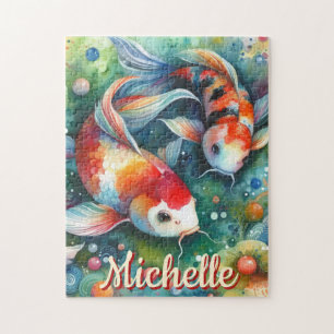 Koi Fish Whimsical Watercolor Personalised Jigsaw Puzzle