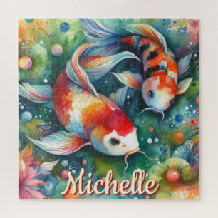 Koi Fish Whimsical Watercolor Personalized Jigsaw Puzzle