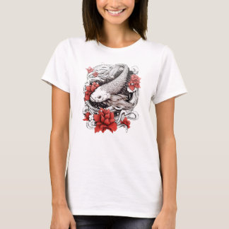 Koi Fish With Flowers | Japanese Design T-Shirt