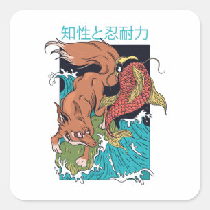 Koi Fish with Fox Japanese Style Design Square Sticker