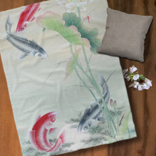 Koi Fish with Lotus Fleece Blanket