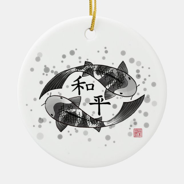 Koi Fish with Peace Character Ceramic Ornament (Front)