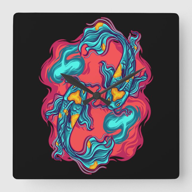 Koi Fish Yin Yang Square Wall Clock (Front)
