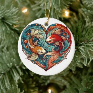 Koi Harmony: Heart-Shaped Christmas Ceramic Ornament