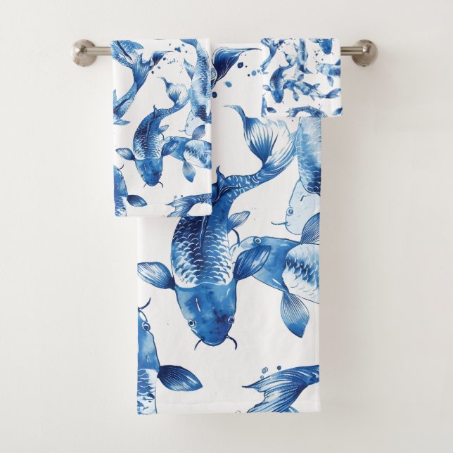 Koi indigo shibori pattern bath towel set (Insitu)