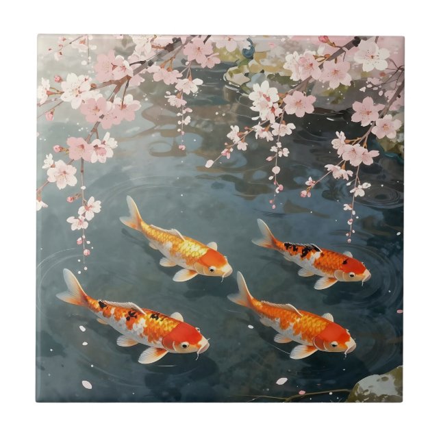 Koi Pond Cherry Blossom Serenity Ceramic Tile (Front)