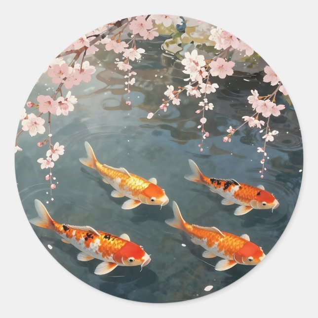 Koi Pond Cherry Blossom Serenity Classic Round Sticker (Front)