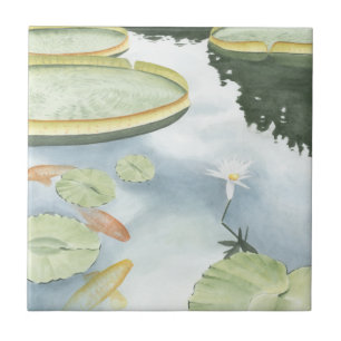 Koi Pond Reflection with Fish and Lilies Ceramic Tile