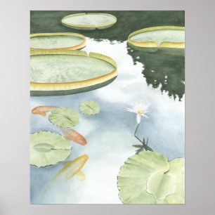 Koi Pond Reflection with Fish and Lilies Poster